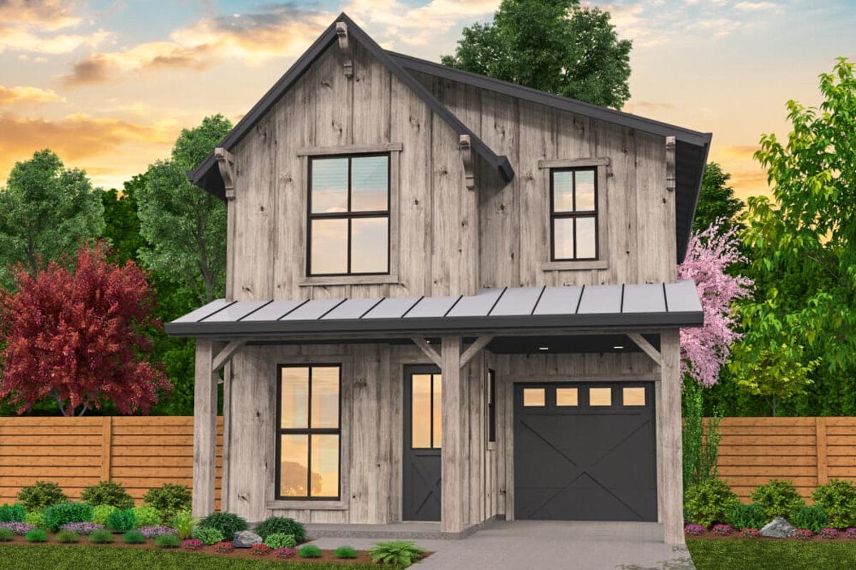 Modern farmhouse house plan exterior with wood siding, gables, metal roof, covered entry, and attached garage.