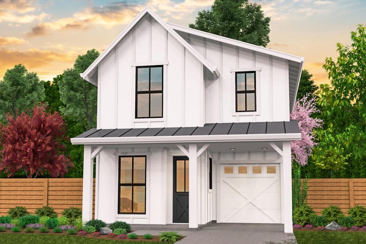 Modern Farmhouse house plan exterior, two stories, with gabled roof, porch, and attached garage.