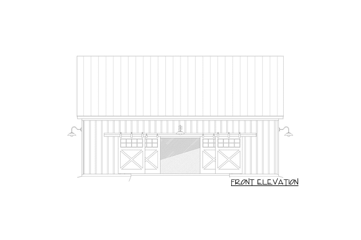 Front elevation drawing of a house plan featuring board and batten siding, sliding barn doors with window panes, and exterior wall sconces.