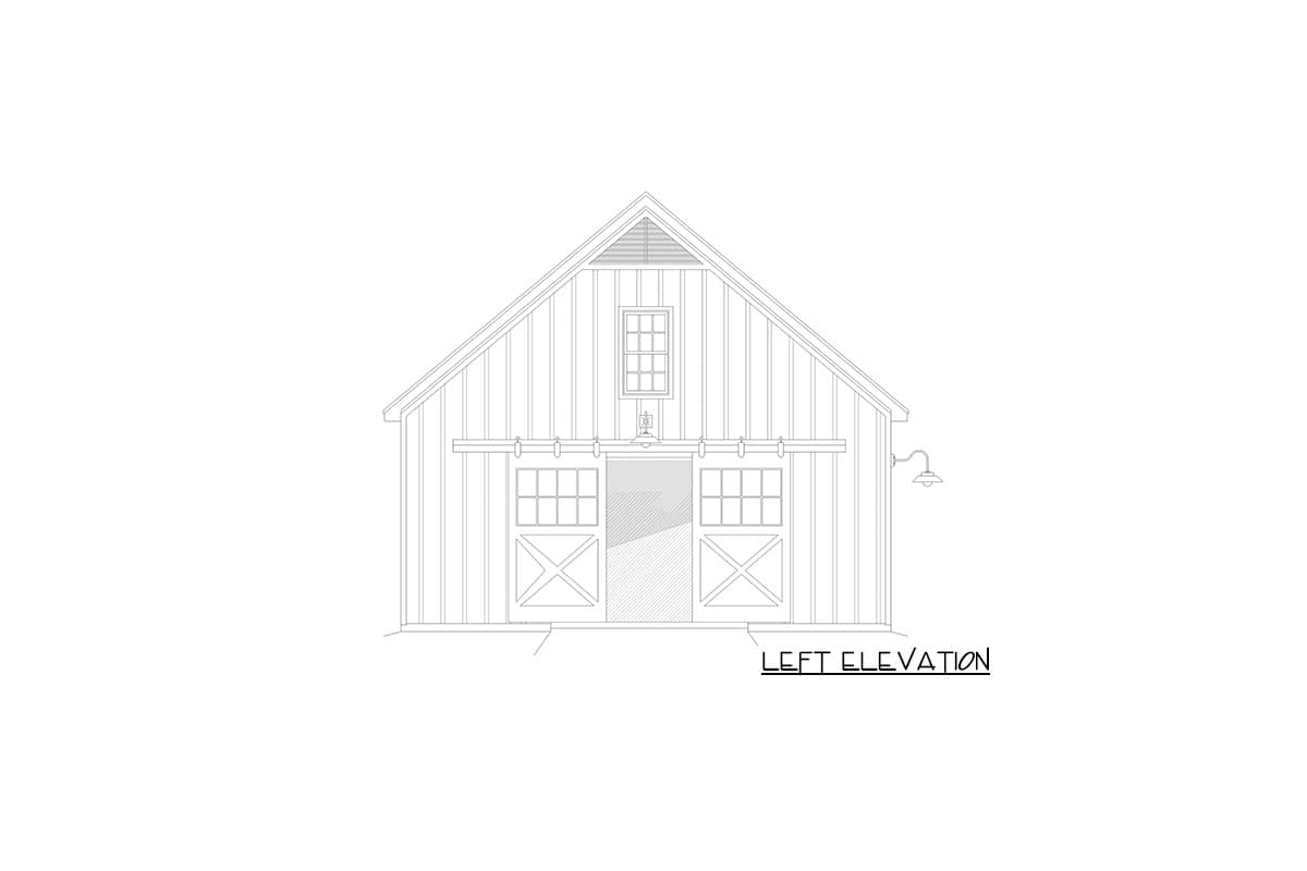 Left elevation house plan: barn-style structure with vertical siding, gable roof, two large sliding barn doors, and a single window.