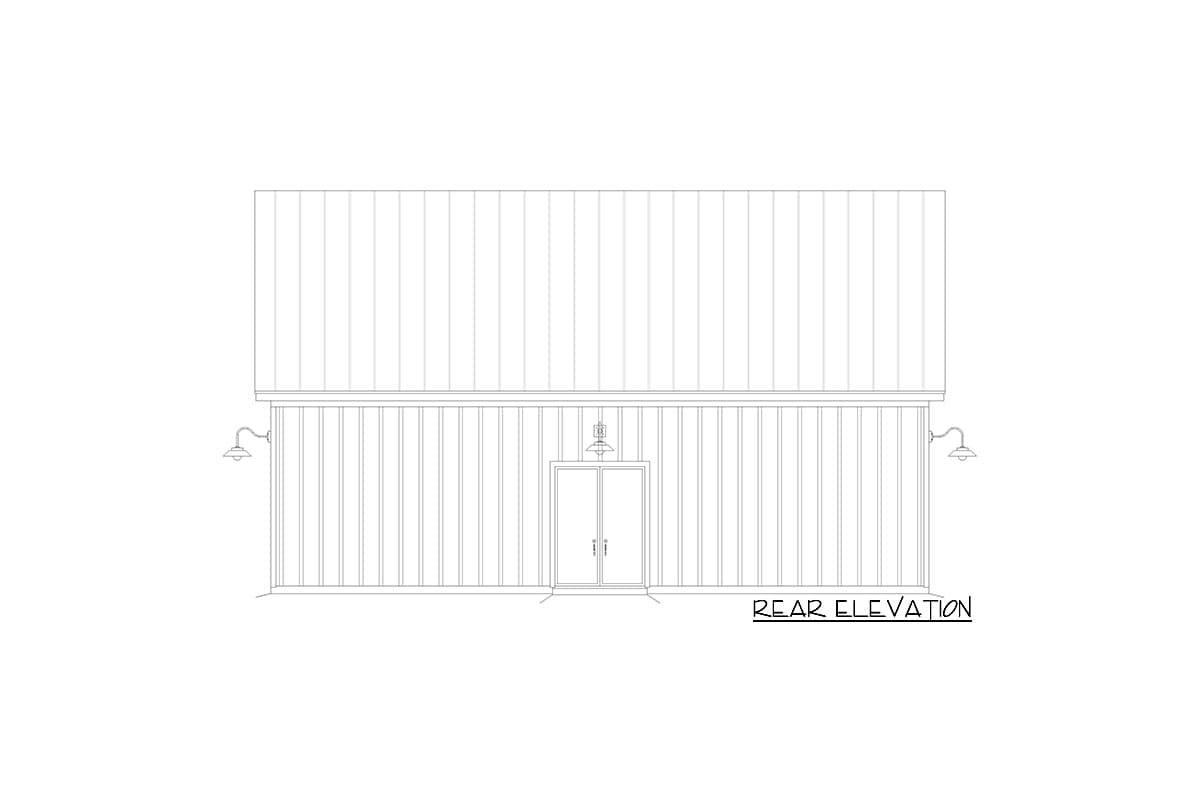 Rear elevation drawing of a house plan featuring double doors, two wall-mounted lights, and vertical siding.