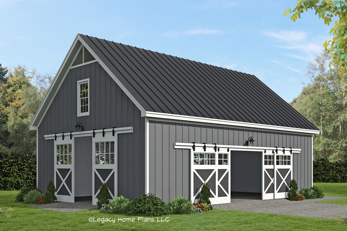 House plan exterior. Two-story barn style with a metal roof, sliding doors, and a gabled roofline with a window.