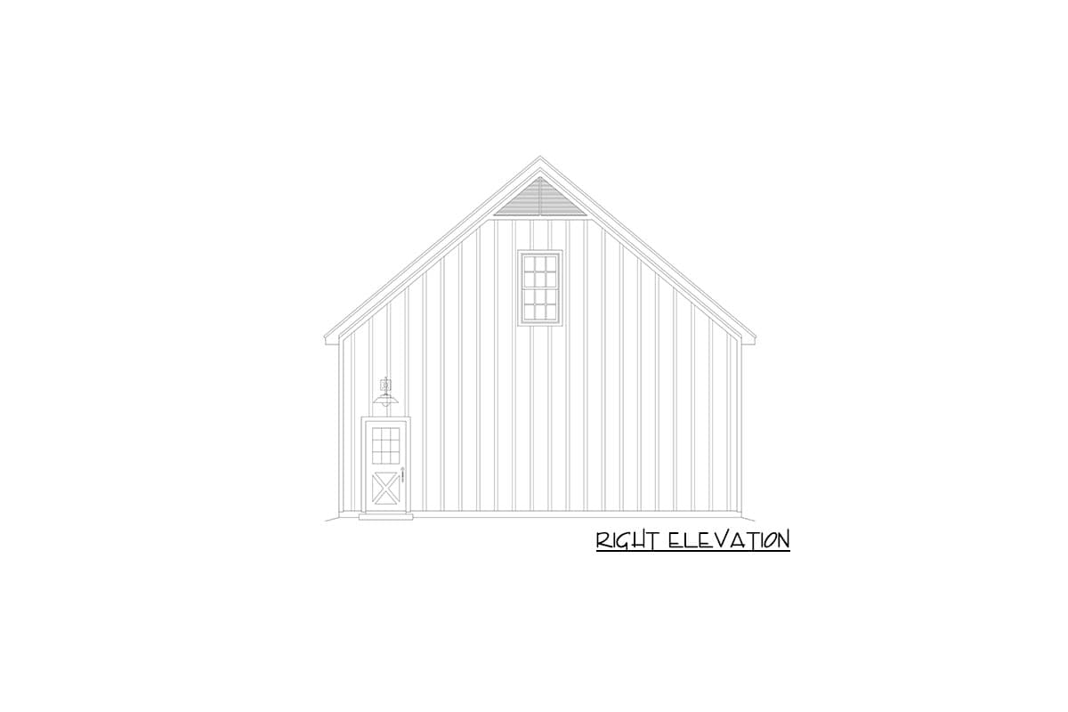 Right elevation drawing of a house plan with vertical siding, a door, a window, and a gable vent.