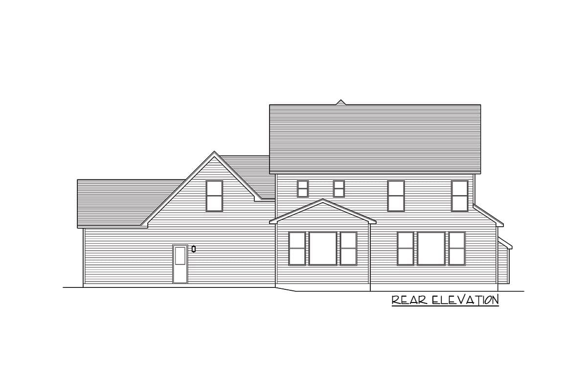 Rear elevation drawing of a two-story house plan with gabled dormers, a prominent gable, and a two-window bay.