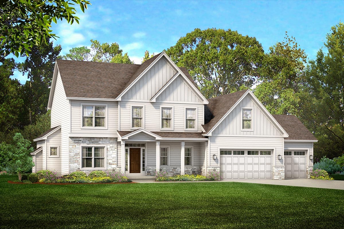 House plan exterior rendering. Two-story Modern Farmhouse with gabled roof, stone accents, front porch, and attached garage with multiple bays.