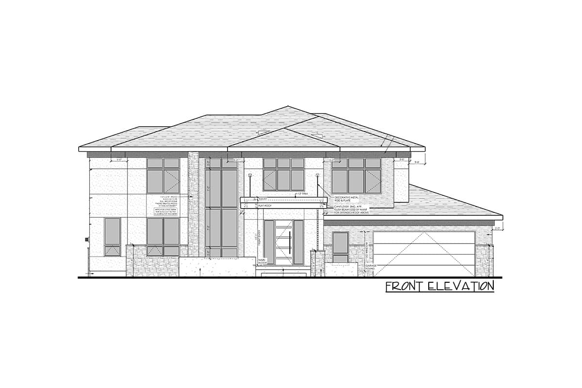 Front elevation drawing of a two-story house plan with multiple windows, a prominent entryway, and an attached garage.
