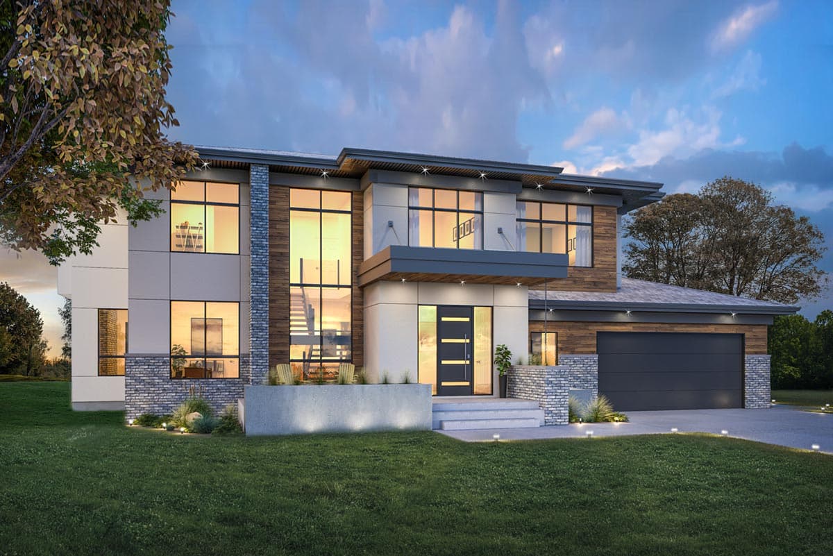 House plan exterior with modern design. Features include large windows, flat roof, wood siding, and attached garage. Two stories.