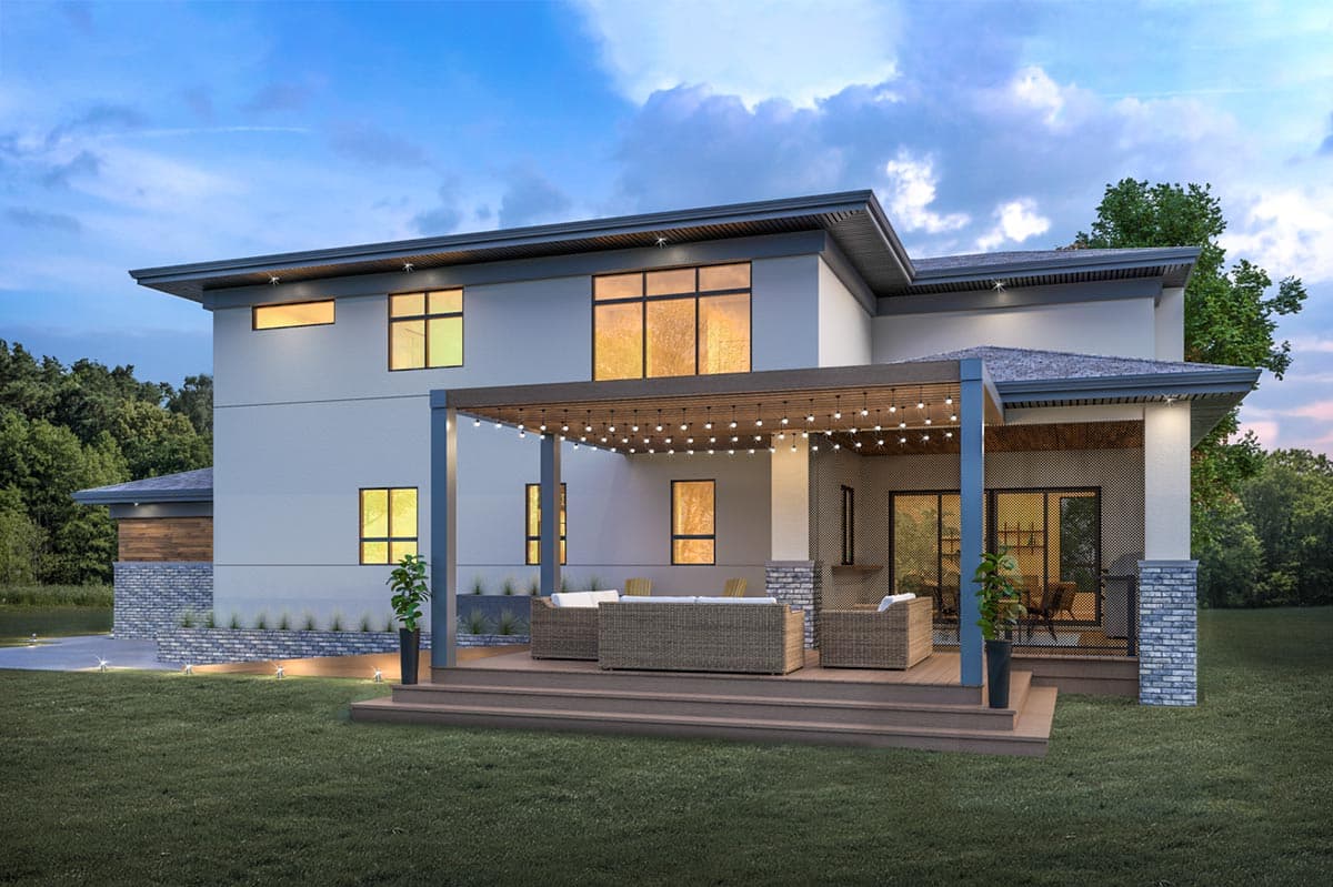 Modern two-story house plan exterior with flat roof, large windows, covered deck, and stone accents.