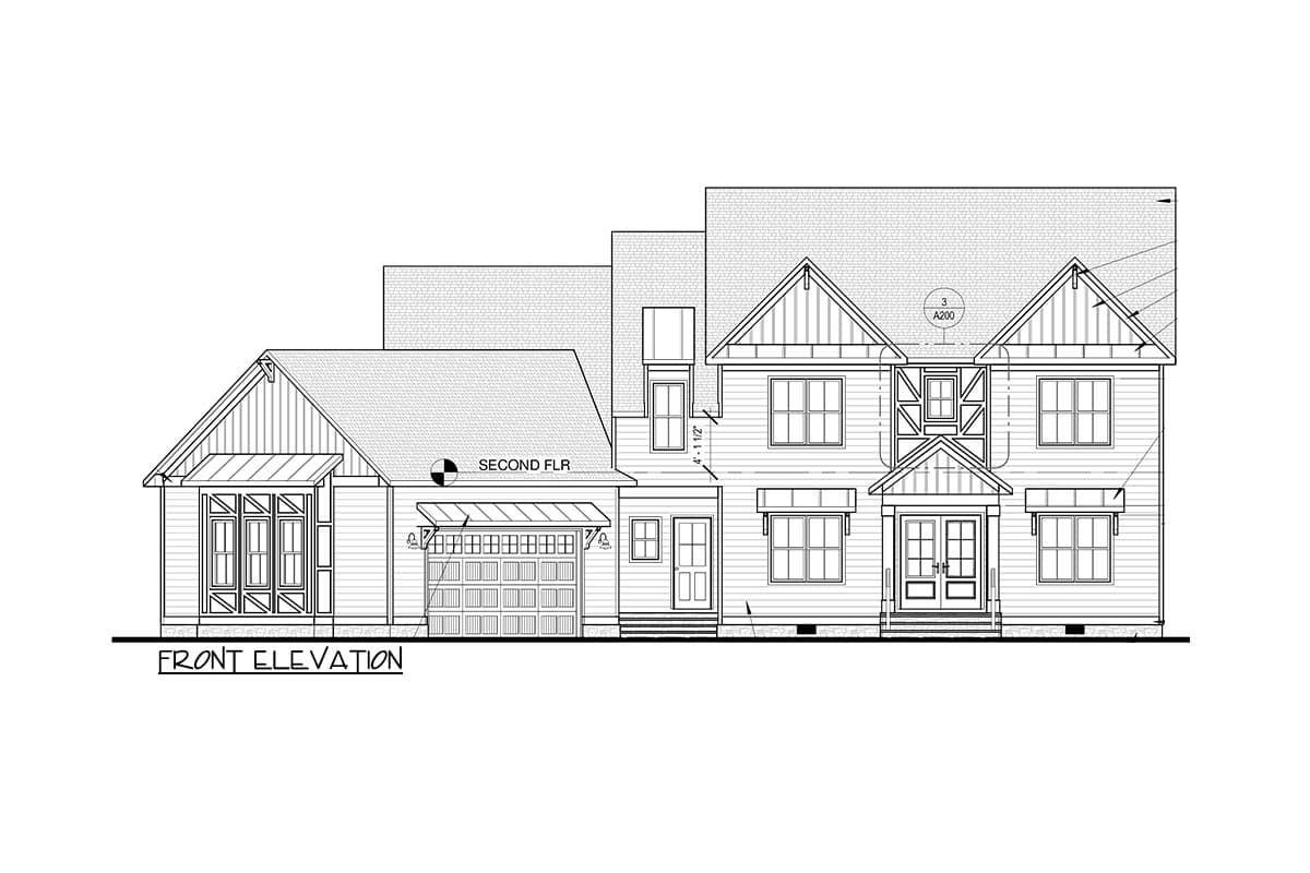 Front elevation house plan featuring a two-story main structure with attached garage, gables, and a covered front entry.