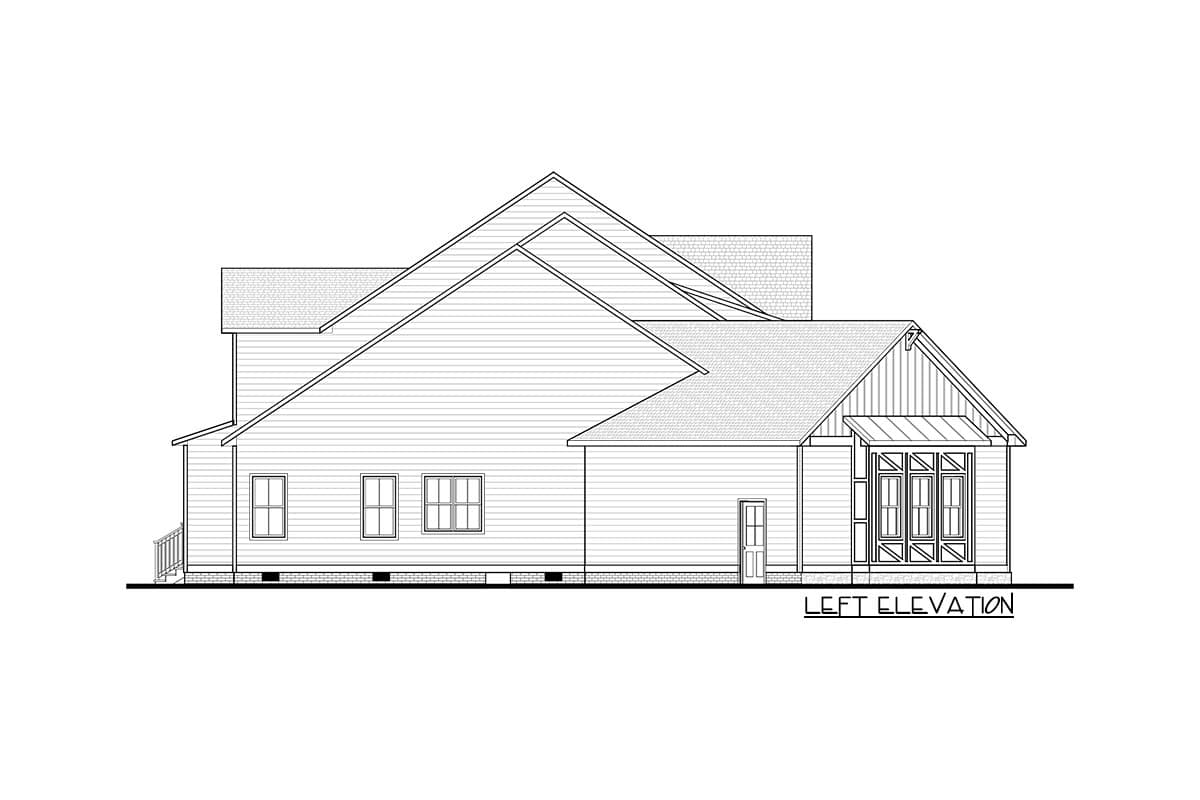 Left elevation house plan drawing showing multiple rooflines, windows, a door, and a covered porch with decorative bracing.
