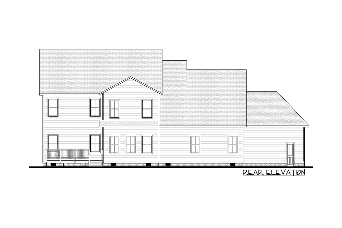 Rear elevation of a two-story house plan featuring a gabled dormer, covered porch, and multiple windows.