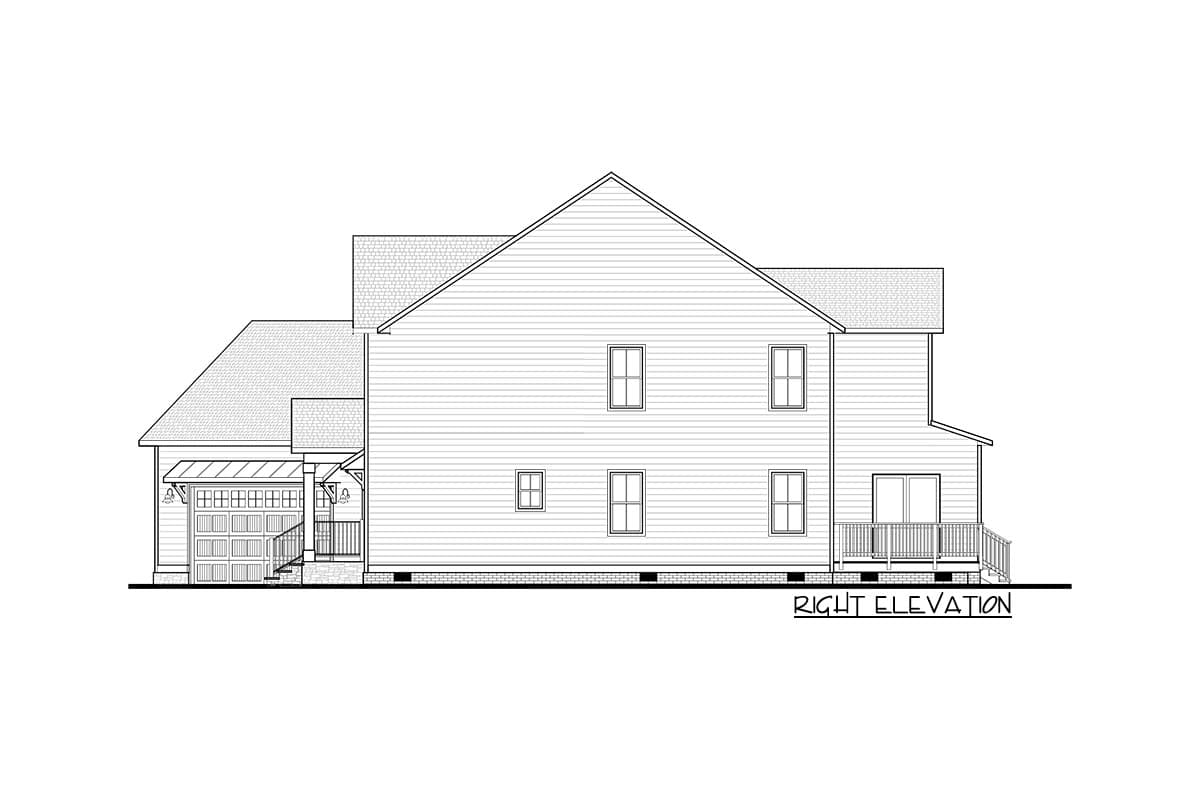 Right elevation house plan. Two stories, side-entry garage with carriage doors, covered porch, and multiple windows.