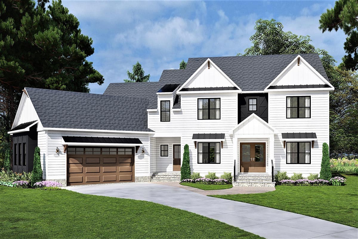 House plan exterior. Two-story Modern Farmhouse with gabled rooflines, a front porch, and a garage with a carriage door.