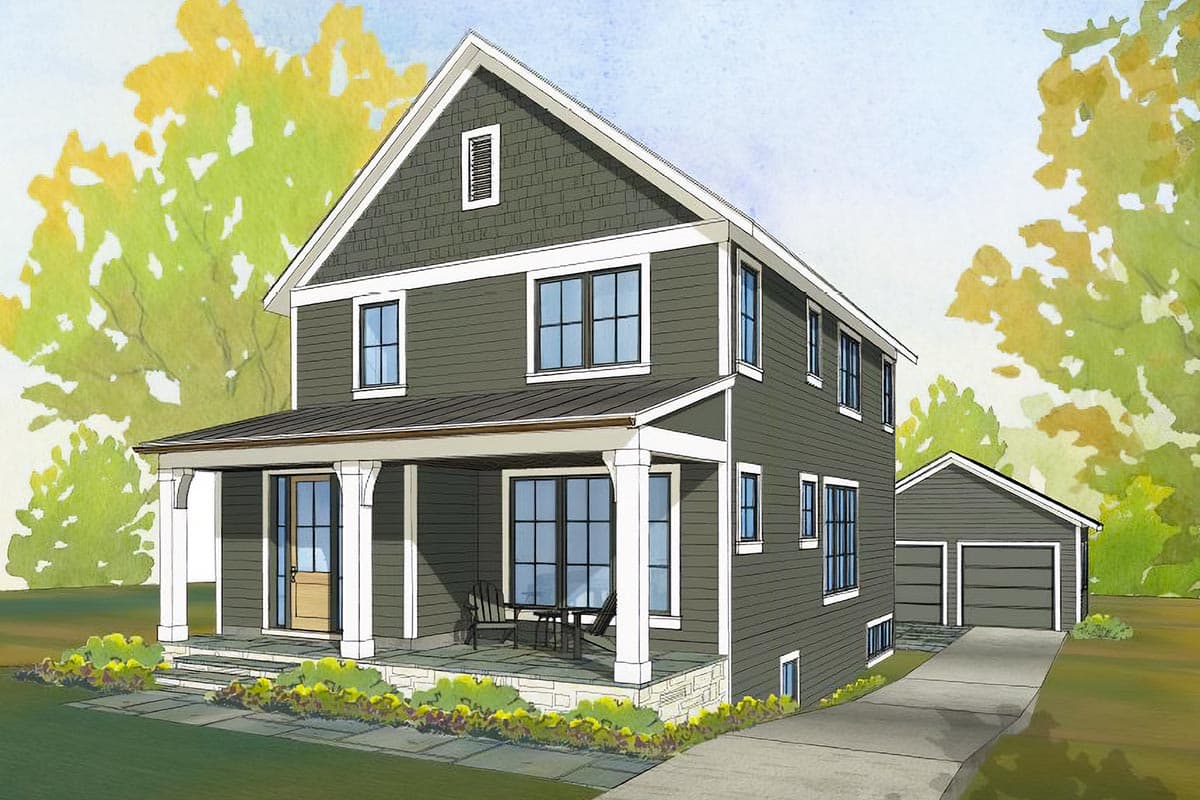 House plan exterior rendering. Two-story Craftsman home with a gabled roof, a front porch with columns, and a detached garage.