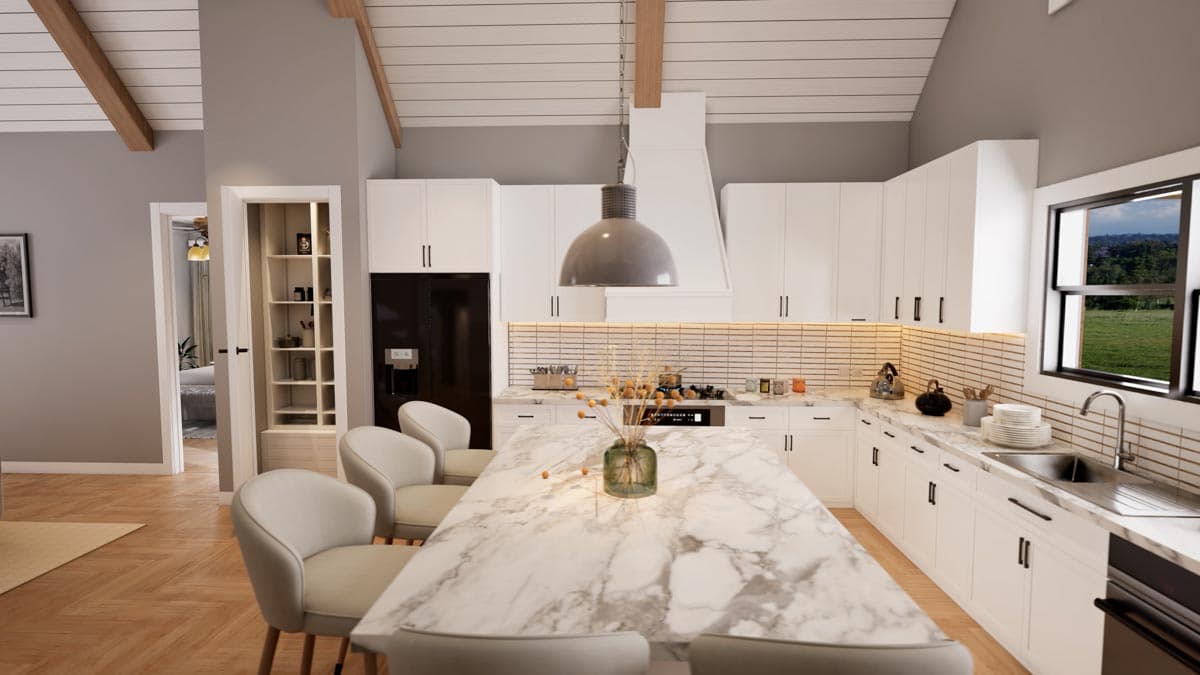 Plan 680080VR: Rustic One-Story 2-Bed Cabin House Plan Under 1500 Square Feet with Vaulted Interior - Image #7 - Cabin, Country, Craftsman, Mountain, Ranch, Rustic