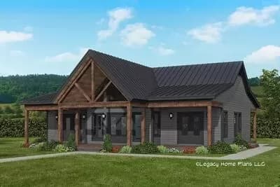 Rustic One-Story 2-Bed Cabin House Plan Under 1500 Square Feet with Vaulted Interior
