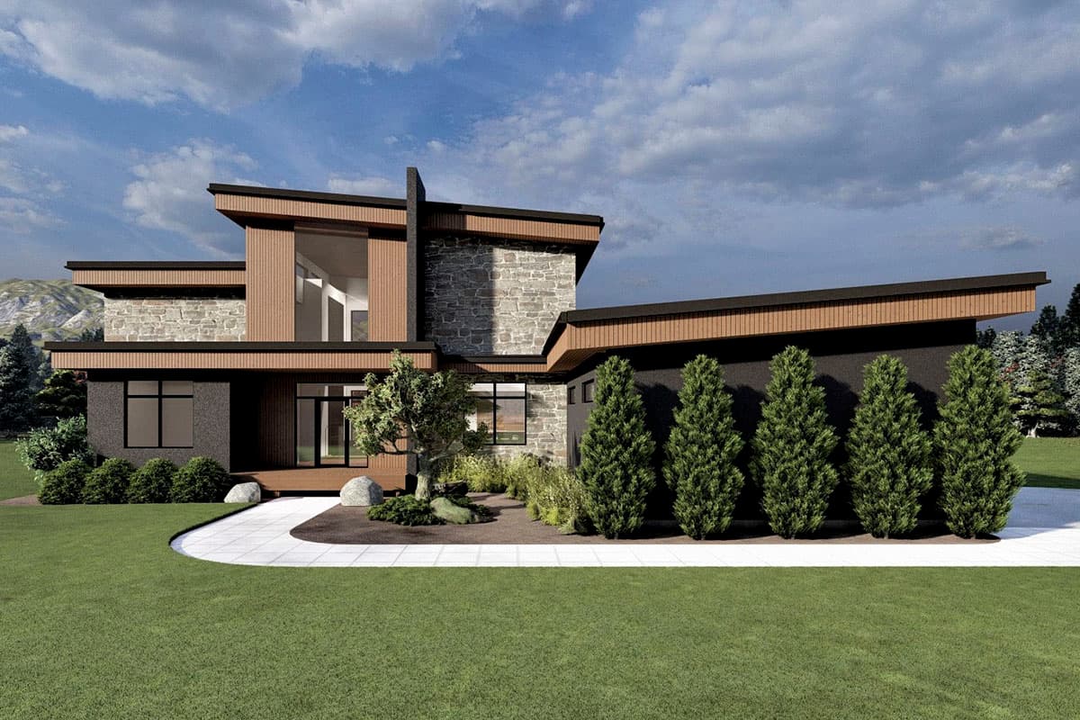 House plan exterior. Modern style, two-story home with flat roof, contrasting siding, stone facade, and large windows. Includes covered porch.