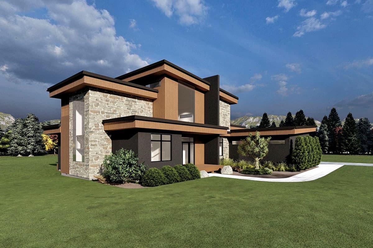 Modern two-story house plan exterior with stone, wood paneling, flat rooflines, and large windows.