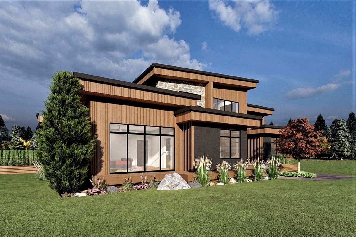Modern house plan exterior featuring wood siding, stone accents, multiple rooflines, and large windows.