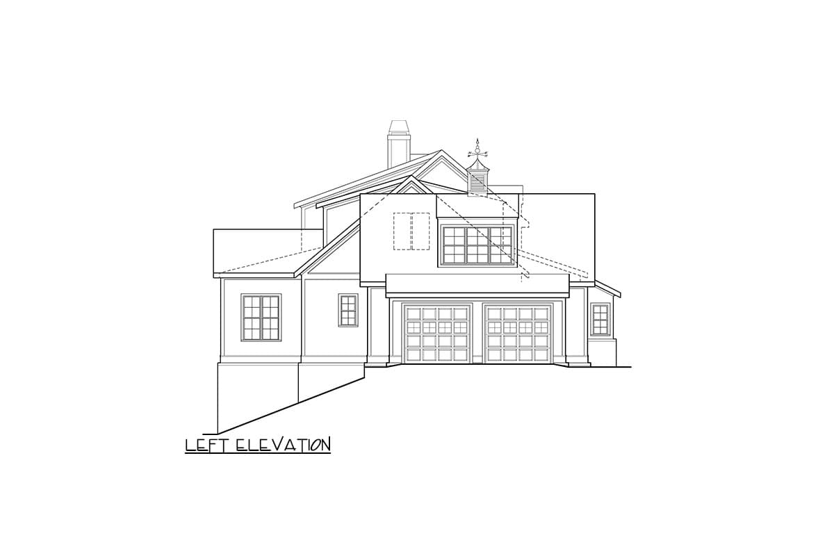 Left elevation house plan shows a two-story structure with a gable roof, dormers, and a three-car garage.