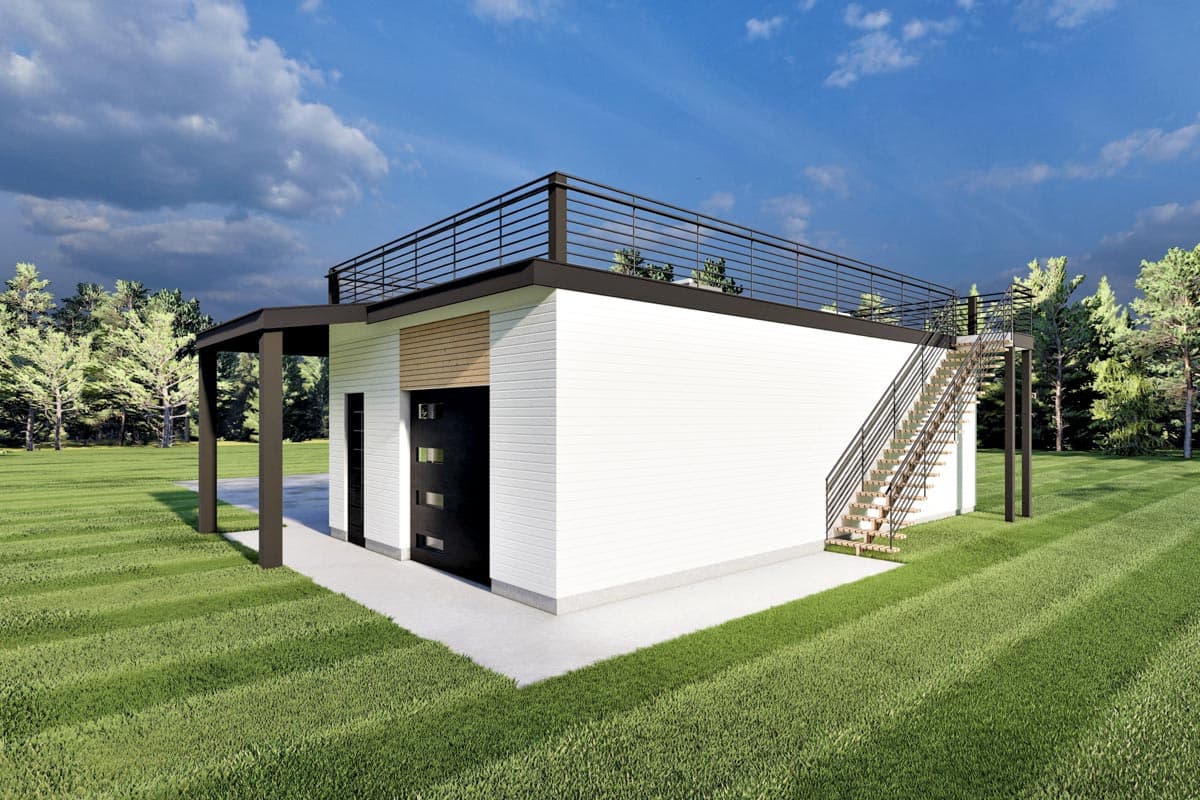 Modern house plan exterior with white siding, black garage door, and rooftop deck with metal railing. Single story.