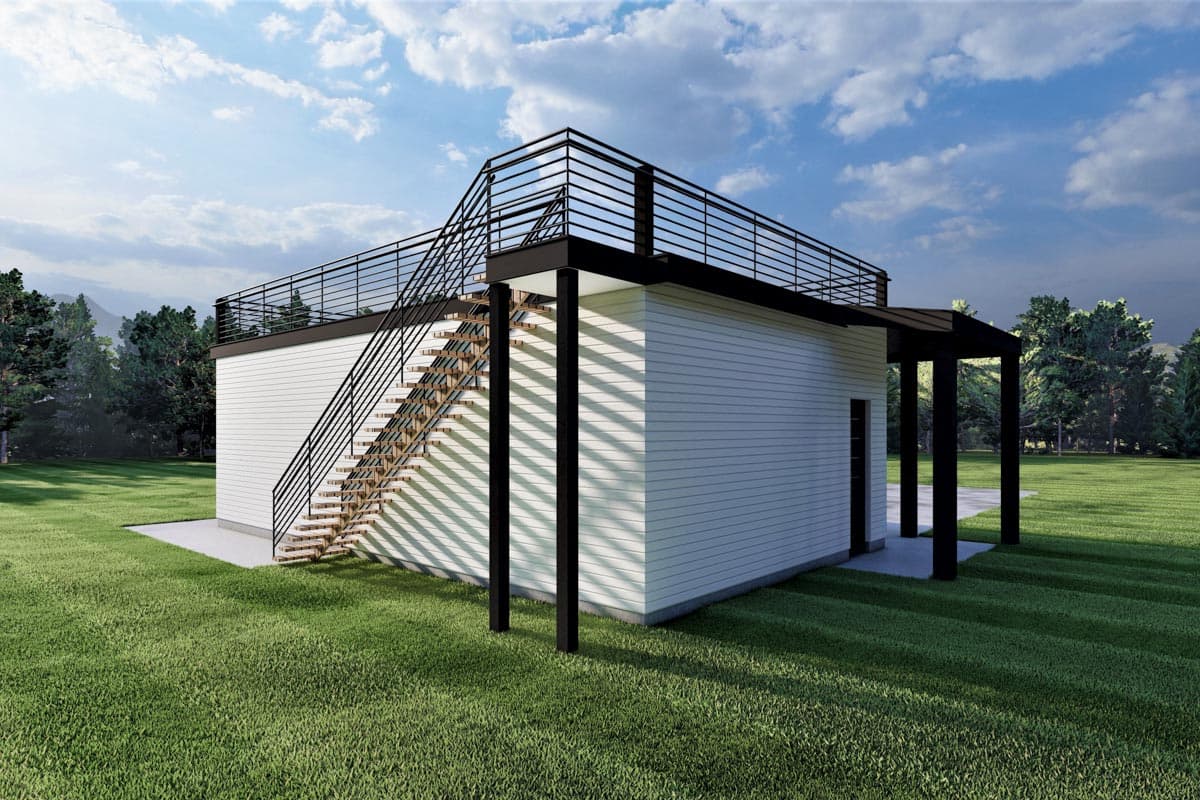 Modern house plan exterior with horizontal siding, a flat roof, an attached carport, and an external staircase leading to a rooftop deck with railing.