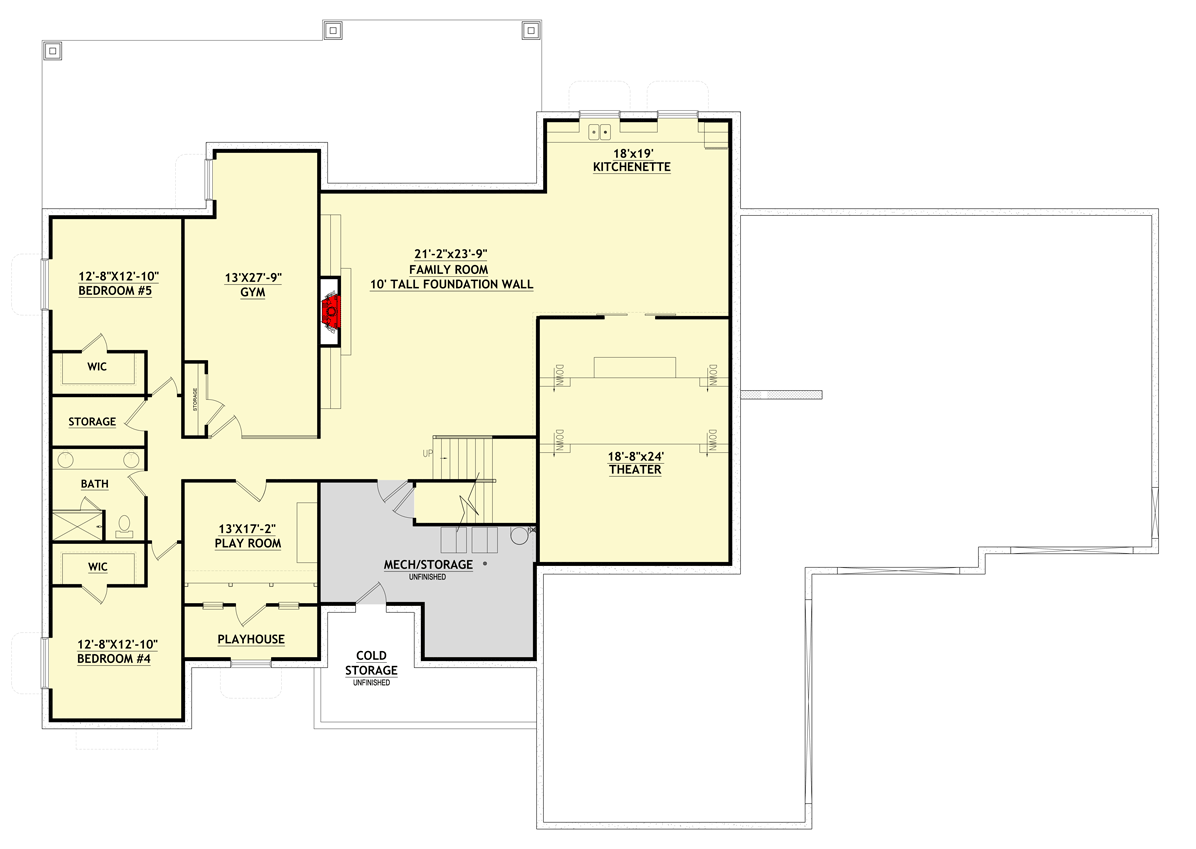 Plan 849011PGE: New American Farmhouse Plan with 4-Car Garage and Basement Expansion with Home Theater - Floor Plan - Lower Level - Contemporary, Country, Craftsman, Farmhouse, Modern Farmhouse, Mountain, New American, Ranch