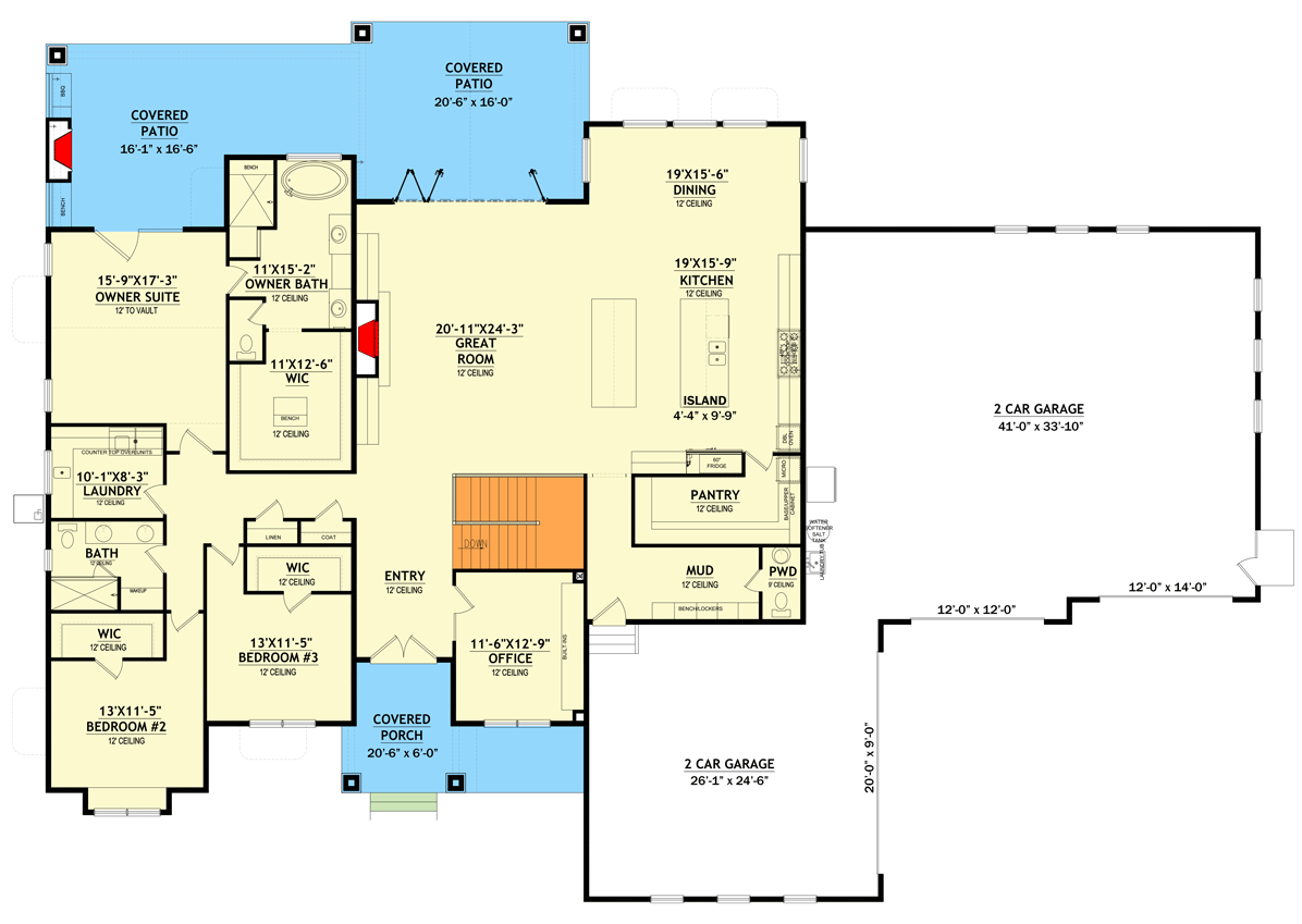 Plan 849011PGE: New American Farmhouse Plan with 4-Car Garage and Basement Expansion with Home Theater - Floor Plan - Main Level - Contemporary, Country, Craftsman, Farmhouse, Modern Farmhouse, Mountain, New American, Ranch