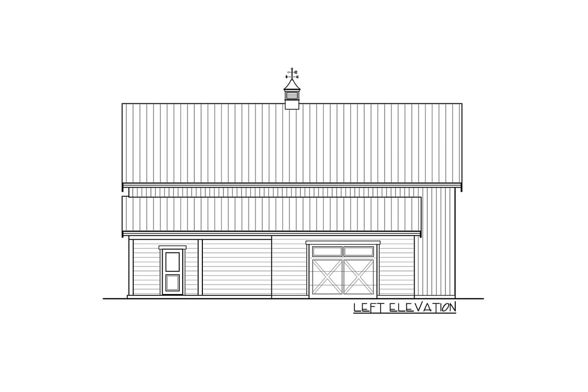 Left elevation drawing of a two-story house plan featuring a barn-style roof, a cupola, a single door, and a large garage door.