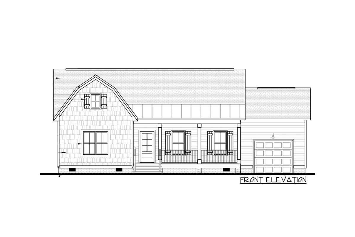 Front elevation drawing of a house plan featuring a gambrel roof, covered porch, dormer window, and attached garage.
