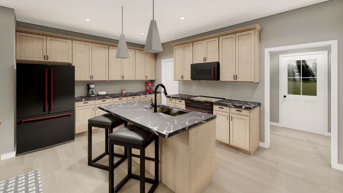 Kitchen with light wood cabinets, black appliances including refrigerator and range, and a marble-topped island with seating.