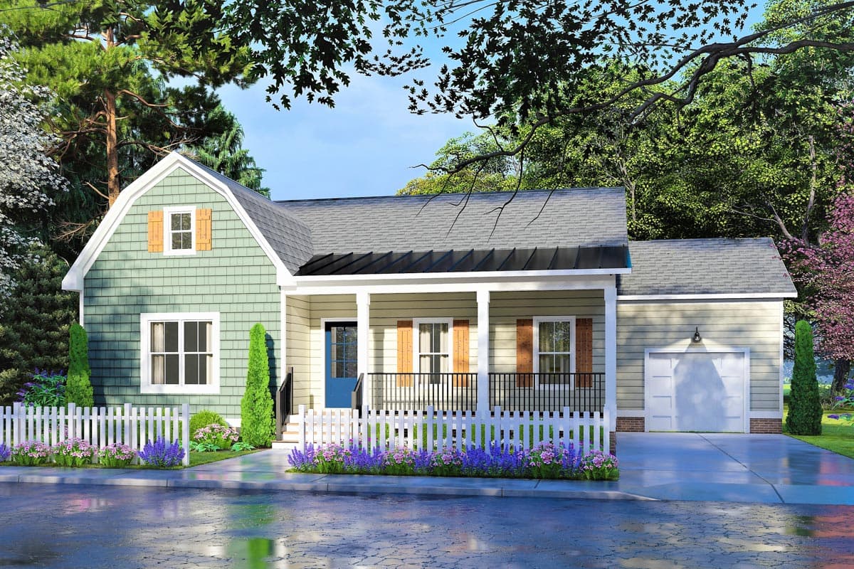 House plan exterior. Craftsman style, one story. Features include a front porch, gables, and attached garage. Includes picket fence and landscaping.