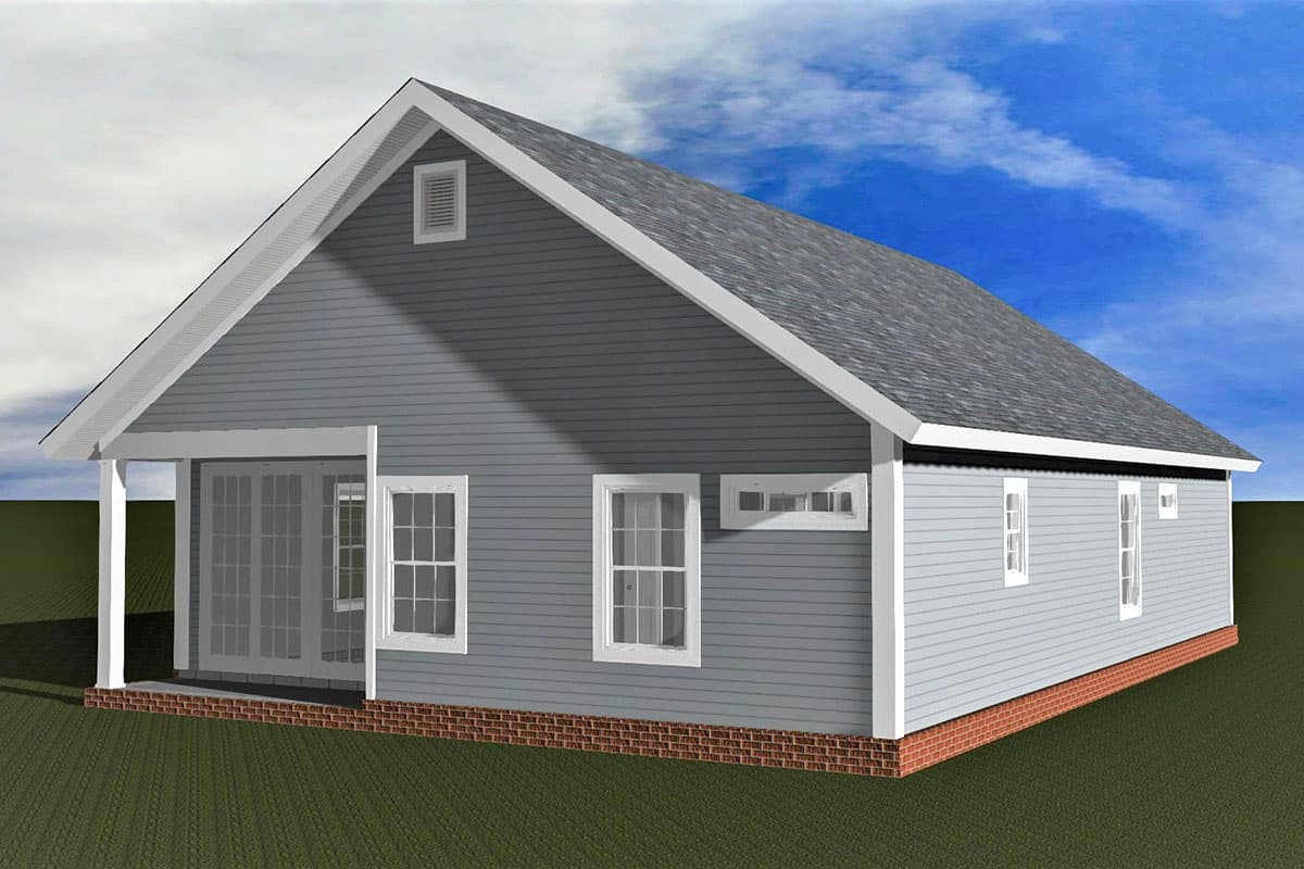 House plan exterior: Single-story home with gabled roof, covered porch with french doors, and multiple windows.