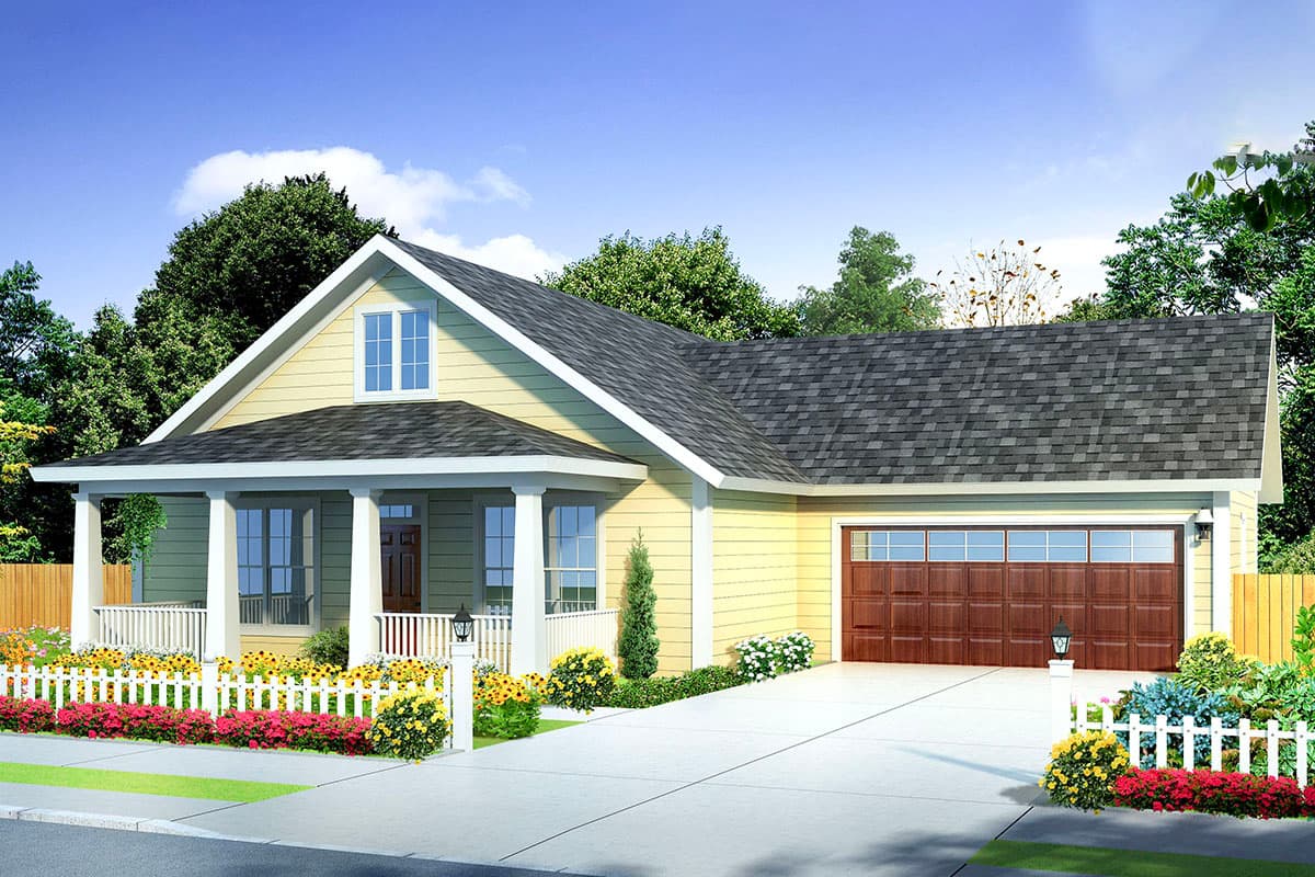House plan exterior with Craftsman style. Features include a front porch with columns, a gabled roof, and attached garage. One story.