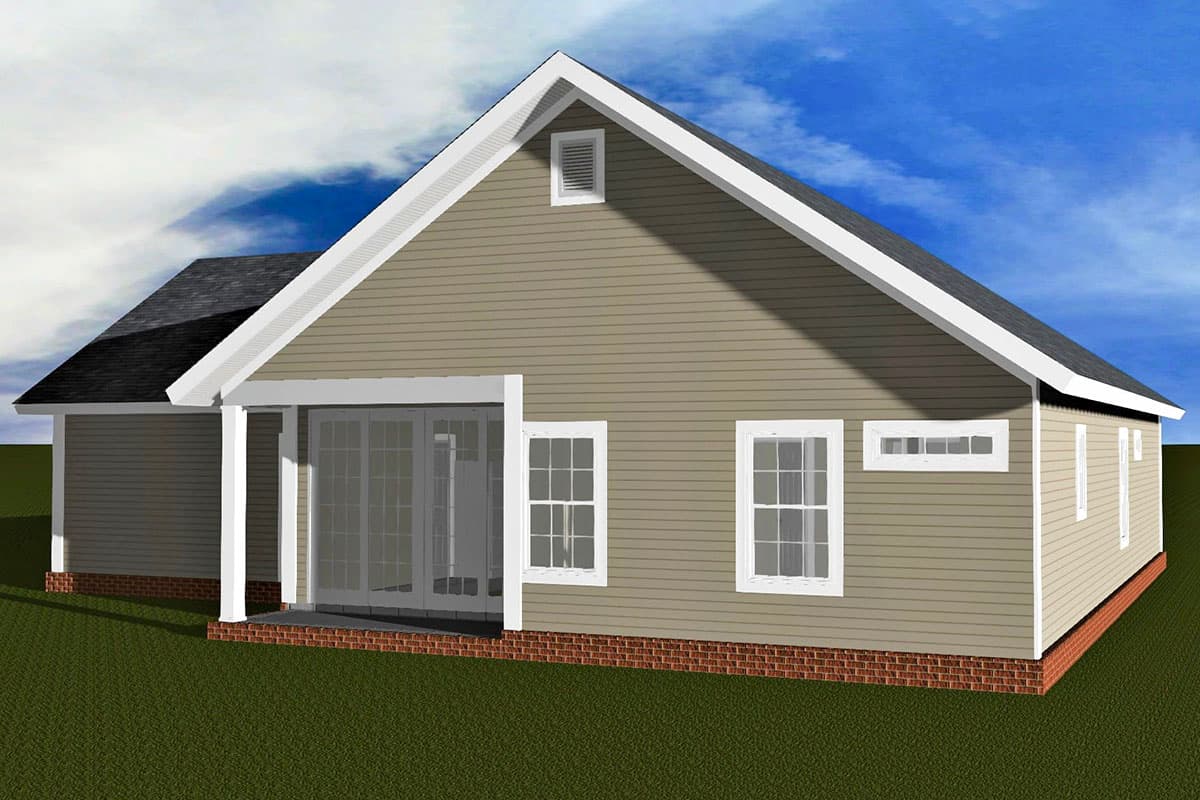 House plan exterior, one-story home with a gable roof, covered porch with sliding glass doors, and double-hung windows.