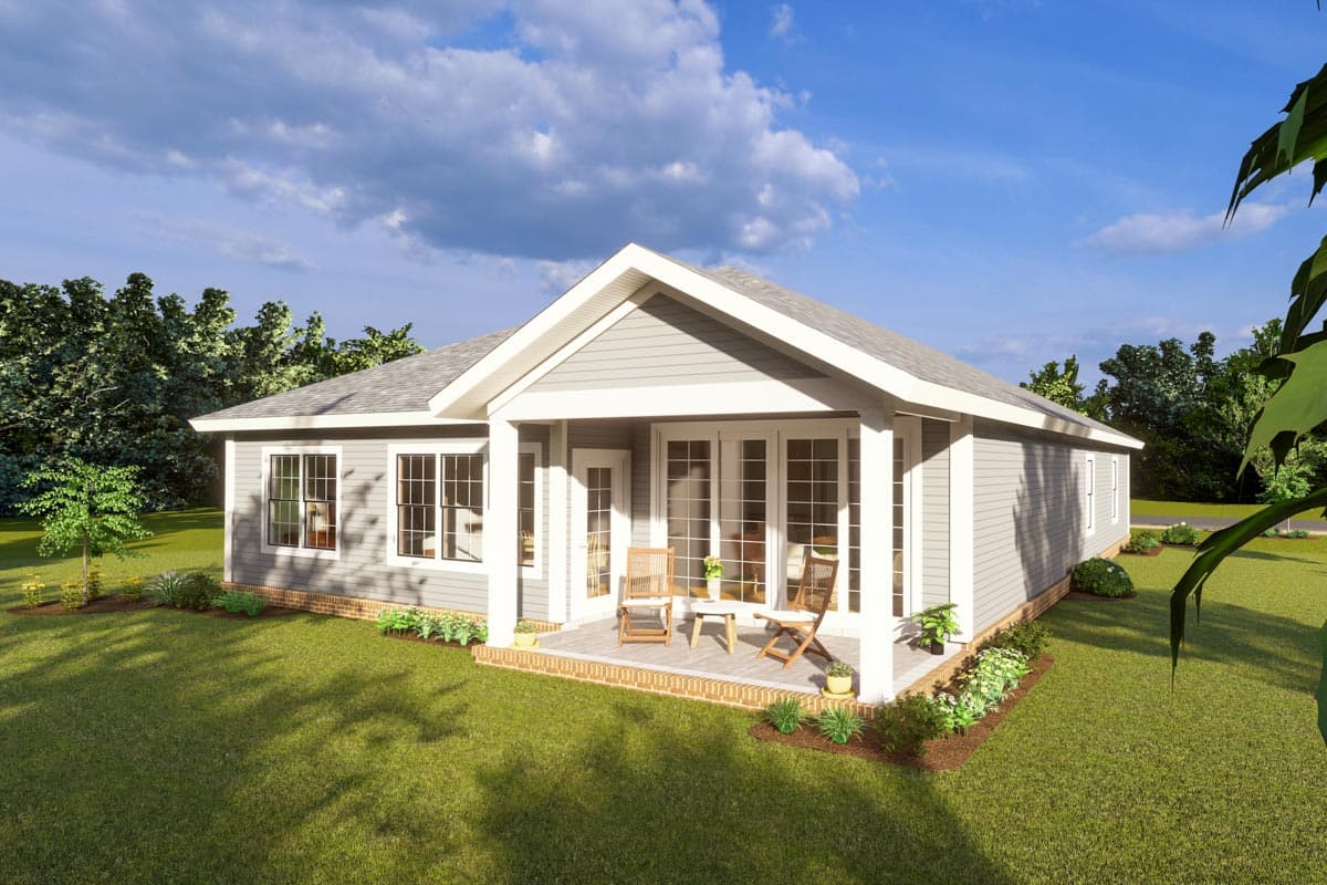 House plan exterior: one-story home with gabled roof, covered porch with French doors, and multiple windows.