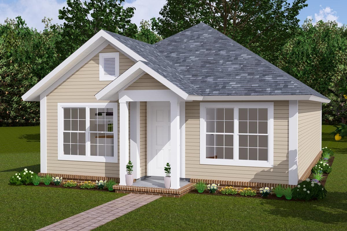 House plan exterior with cottage style, single story, front porch, gable roof, and dormer window.