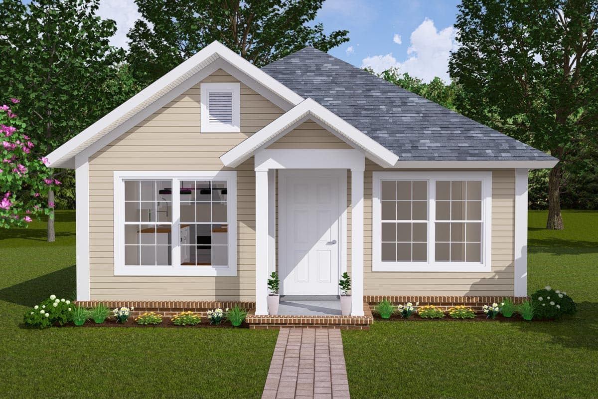 House plan exterior: One-story cottage style with a front-facing gable, covered entry porch, and multiple grid windows.