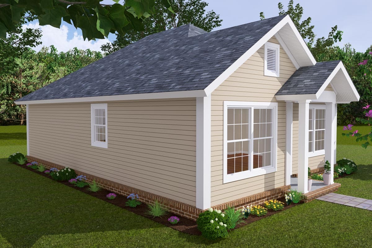 House plan exterior of a one-story home with vinyl siding, gabled roof, and small covered entry.