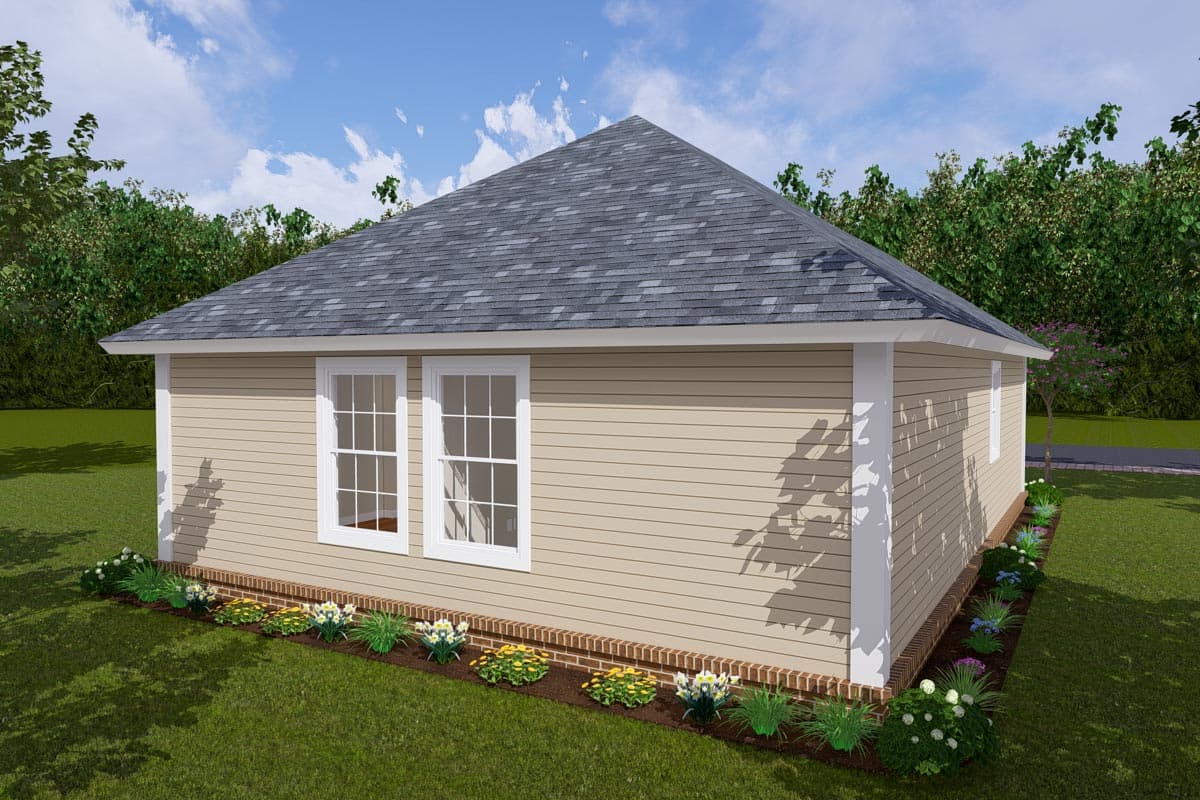House plan exterior rendering of a single-story home with beige siding, a gable roof, two white-framed windows, and a brick foundation.