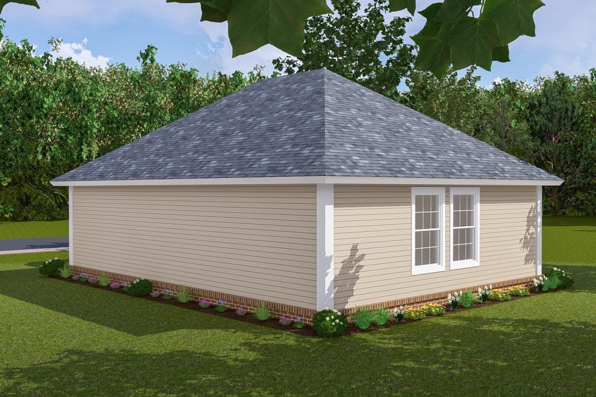 House plan exterior, 1.5 stories, hip roof, beige vinyl siding, two double-hung windows.