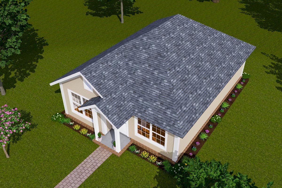House plan exterior, one story, with a gable roof, covered front porch, and multiple gables.