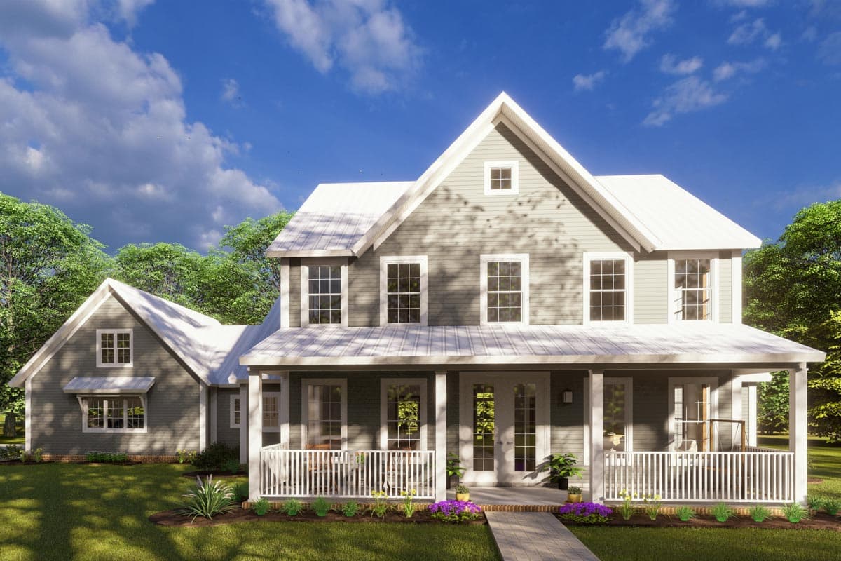 House plan exterior: Two-story Modern Farmhouse with wraparound porch, gables, and metal roof.