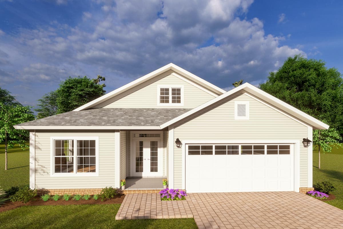 House plan exterior: one-story ranch with gabled roof, covered entry, and attached two-car garage.