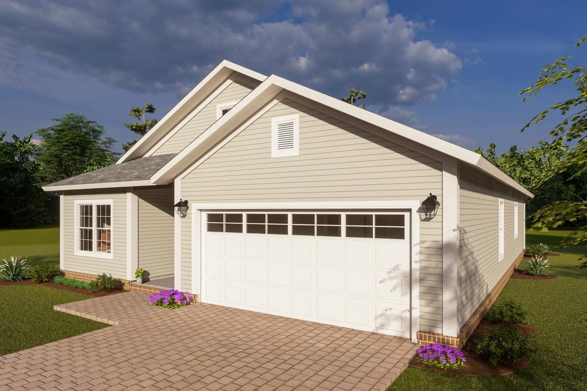 House plan exterior: One-story home with a gable roof, white paneled garage door, and a prominent front gable with a vent.