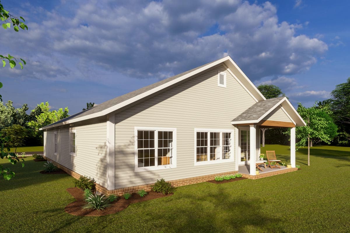 House plan exterior: Ranch style, single-story with gabled entrance porch, white siding, and multi-pane windows.