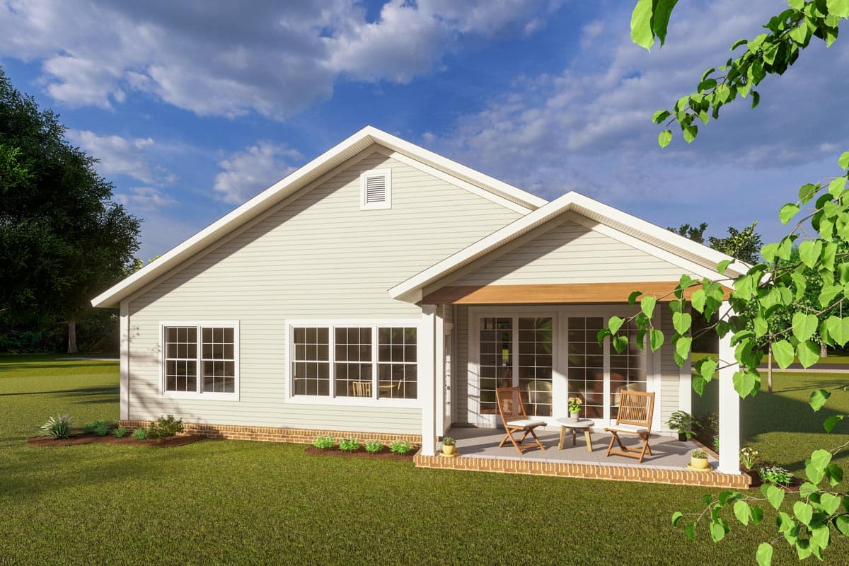 House plan exterior: single-story Ranch style with covered porch, double door entry, and multiple large grid windows.