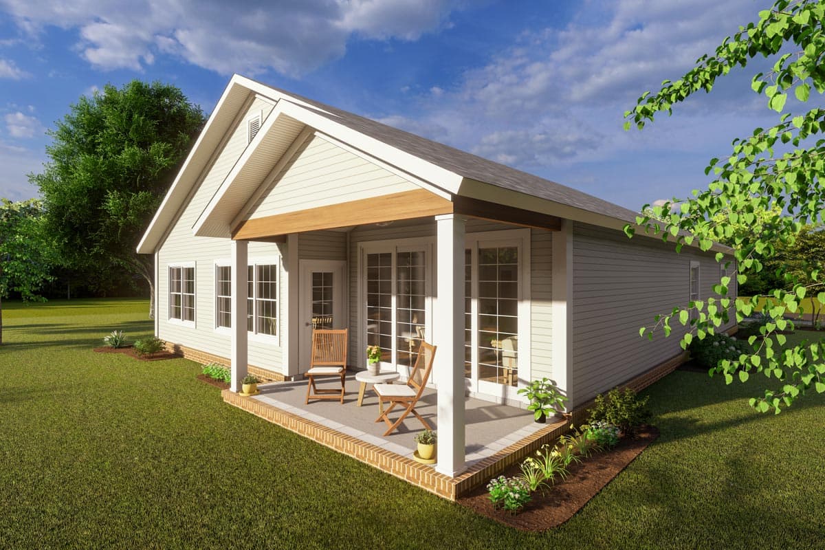 House plan exterior: Ranch style with covered porch, gabled roof, multiple windows, and French doors.