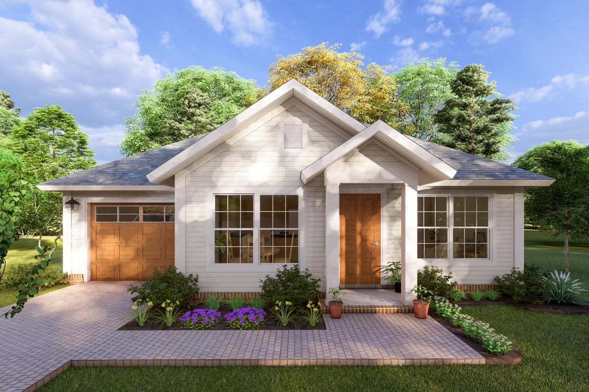 House plan exterior: One-story cottage style. Features include a front-facing gable, a covered porch, and a side-entry garage.