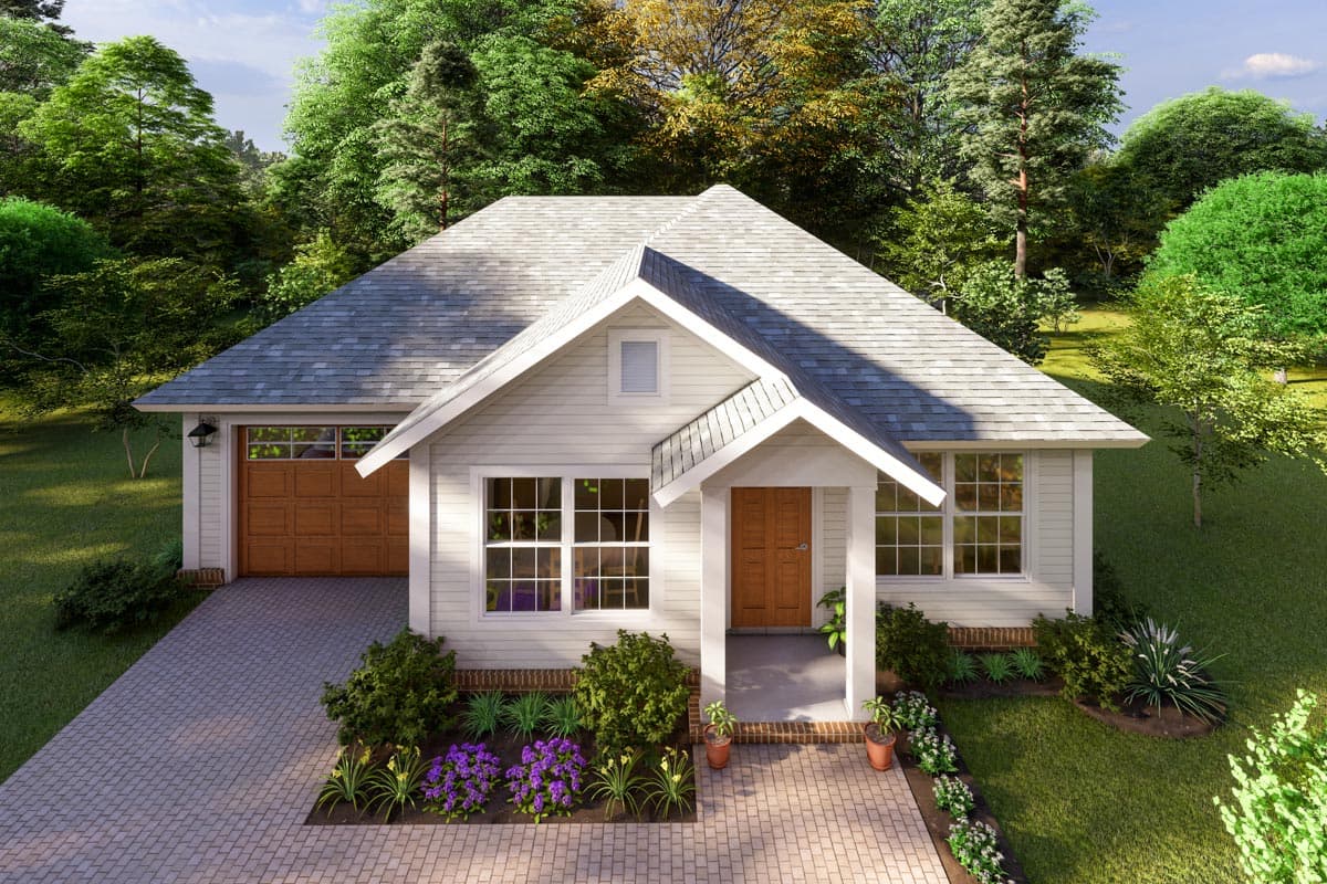 Craftsman style house plan exterior with single garage, gabled porch, and multiple dormer windows.